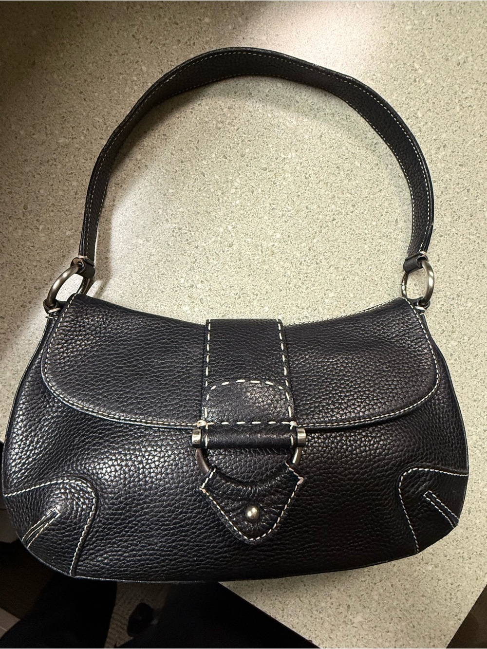 Kate Landry Pebbled Black Leather Shoulder Bag with Contrast Stitching